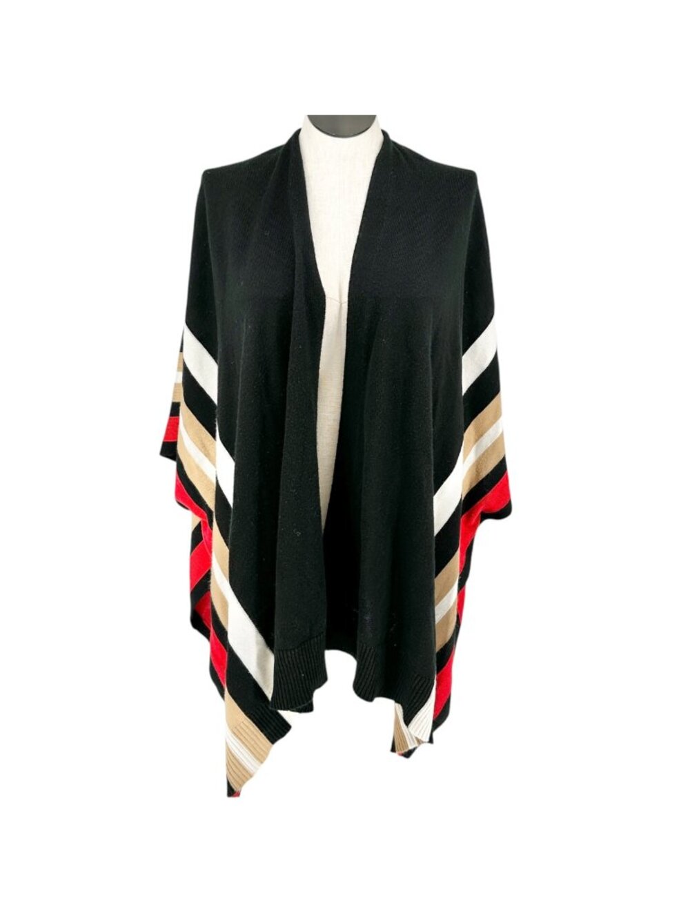 The Limited Open Front Poncho 2X/3X Black Red Tan White Striped Acrylic Knit